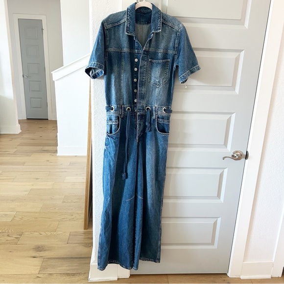 New Free People Edison Denim Wide Leg Coverall Jumpsuit - Picture 4 of 7